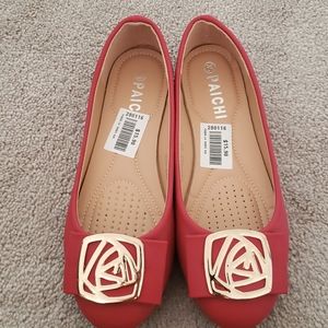 Red Closed Toe Flats with bow and golden plate